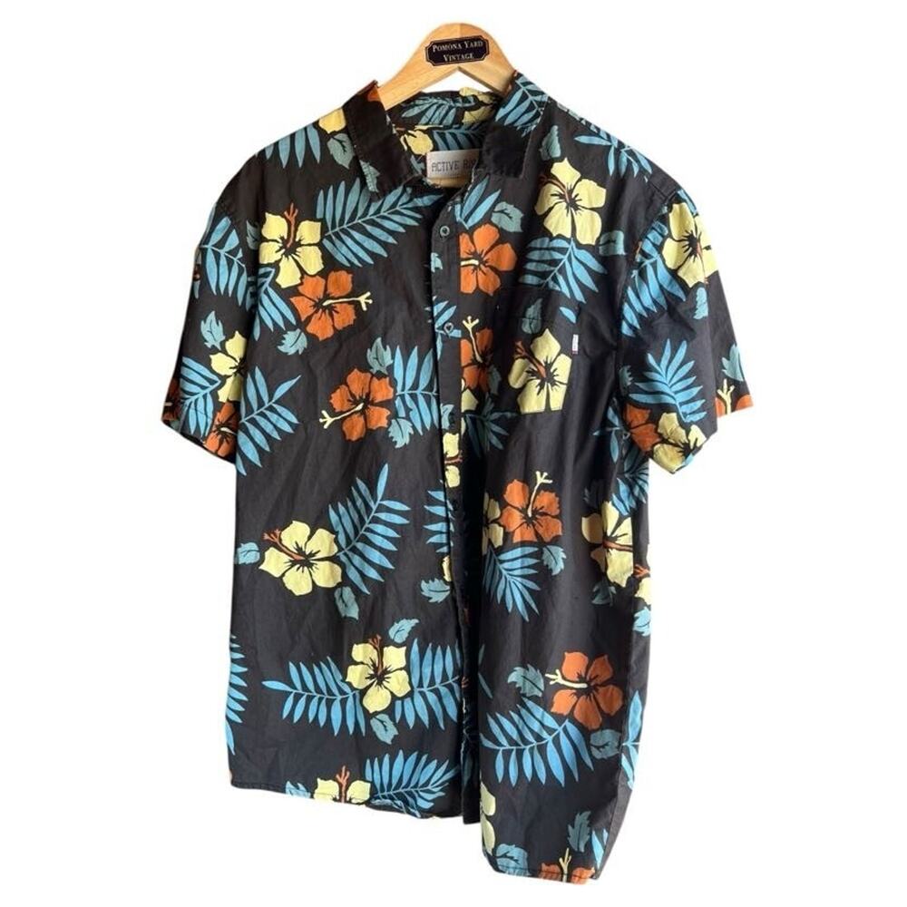 Active Men's Vintage Hawaiian Beach Shirt 100% Cotton Floral Black Size Large